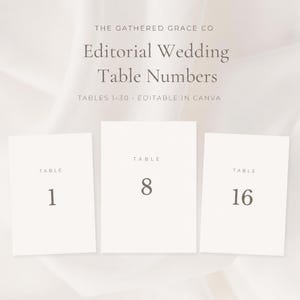 以下が含まれることがあります： THE GATHERED GRACE CO, Editorial Wedding Table Numbers, TABLES 1-30, EDITABLE IN CANVAというテキストが記載された3枚の白い長方形のカード。カードには1、8、16の数字が表示されており、各数字の上にダークグレーでTABLEという文字が印刷されています。