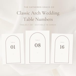May include: Three white rectangular wedding table number cards featuring a taupe arched border and centered numbers 01, 08, and 16. The text reads THE GATHERED GRACE CO, Classic Arch Wedding Table Numbers, and TABLES 1-30, EDITABLE IN CANVA.