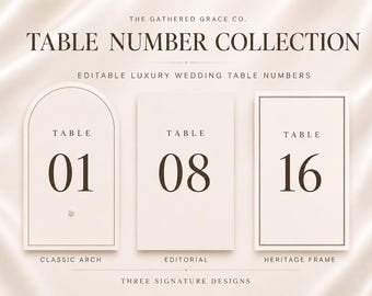Números de mesa editables para bodas, paquete de plantillas de lujo para Canva, decoración imprimible para la recepción, 3 colecciones exclusivas.