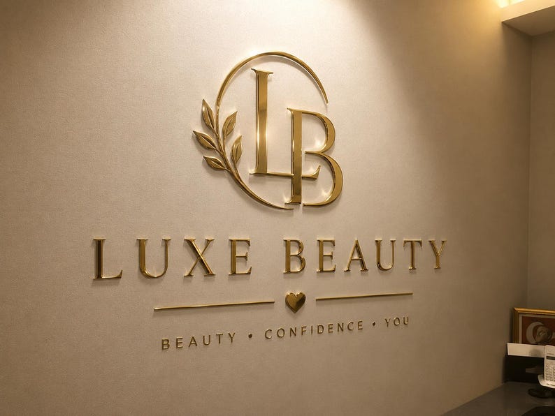 May include: A gold-colored 3D wall sign featuring the letters LB intertwined with a leaf branch inside a circle. Below, the text LUXE BEAUTY appears in gold lettering, followed by a small heart icon and the words BEAUTY &bull; CONFIDENCE &bull; YOU.