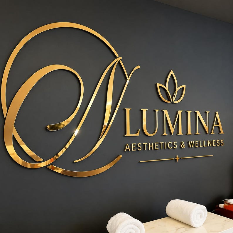 May include: A gold-colored wall sign featuring a large stylized letter O, the text LUMINA AESTHETICS & WELLNESS, a lotus-like icon, and a horizontal line with a star. The metallic gold elements are mounted against a dark gray wall surface.