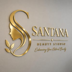 May include: A gold-colored wall sign featuring a large stylized letter S integrated with a profile silhouette of a face and three leaves. The text reads SANTANA BEAUTY STUDIO and Enhancing Your Natural Beauty in a serif and script font style.