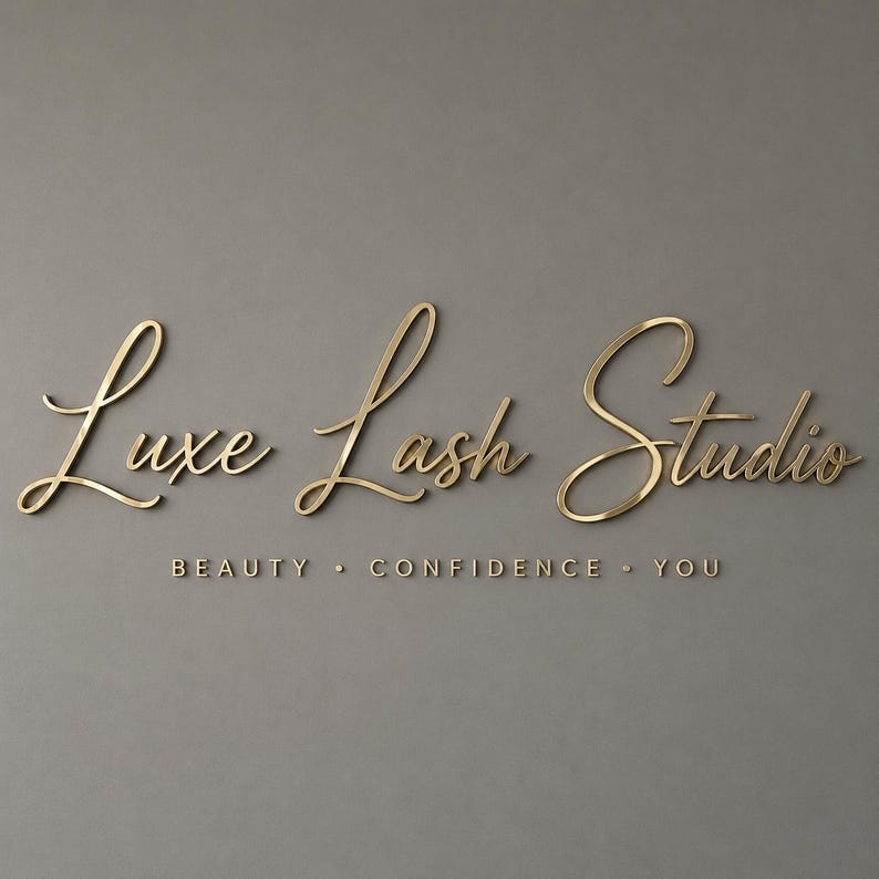 May include: A gold-colored wall sign featuring the text Luxe Lash Studio in a cursive script font, with the words BEAUTY &bull; CONFIDENCE &bull; YOU in a smaller, sans-serif capital letter font positioned directly underneath the main script text.