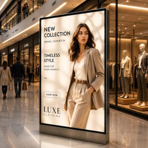 May include: A vertical advertising display featuring a beige blazer, white top, and matching trousers with a brown belt. The text reads: NEW COLLECTION SPRING / SUMMER 24 TIMELESS STYLE MADE FOR EVERY MOMENT SHOP NOW LUXE CLOTHING.