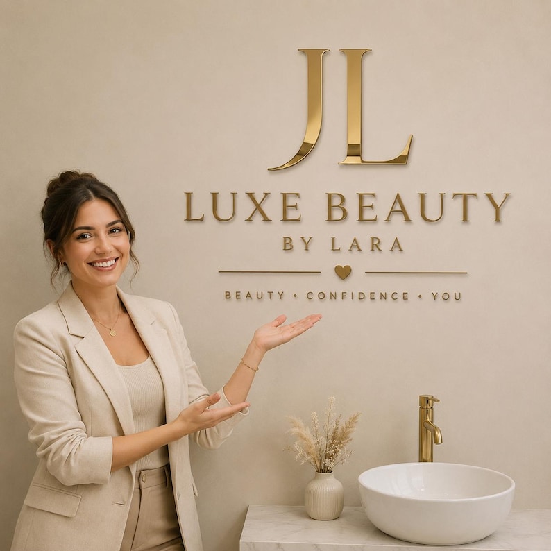 May include: A wall-mounted gold 3D sign featuring the letters JL, the text LUXE BEAUTY BY LARA, a small heart icon, and the words BEAUTY &bull; CONFIDENCE &bull; YOU. The sign is displayed above a white vessel sink with a gold faucet and a small vase.