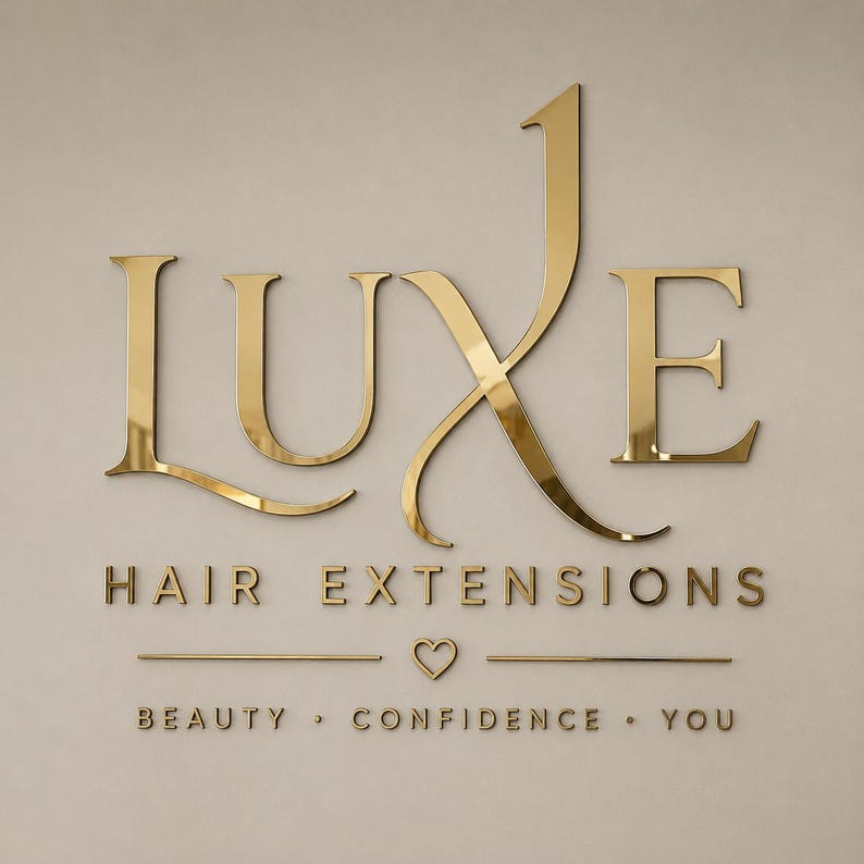 May include: A gold-colored wall sign featuring the word LUXE in large, stylized lettering. Below it, the text reads HAIR EXTENSIONS, followed by a small heart icon, and the words BEAUTY, CONFIDENCE, YOU, all in a matching gold finish.