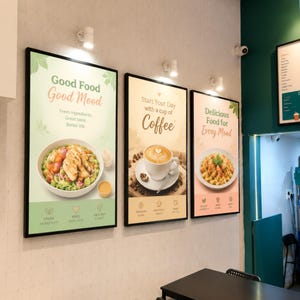 Può includere: Tre insegne rettangolari montate a parete con cornici nere. L'insegna a sinistra mostra un'insalata con il testo Good Food Good Mood. L'insegna centrale presenta una tazza di caffè con il testo Start Your Day with a cup of Coffee. L'insegna a destra mostra pasta con il testo Delicious Food for Every Mood.