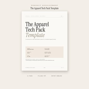 Pode incluir: Um documento de desenvolvimento de produto intitulado "The Apparel Tech Pack Template" com texto em preto e cinza. O documento inclui seções para marca, nome do estilo, número do estilo e data. É um sistema de especificações pronto para o fabricante.
