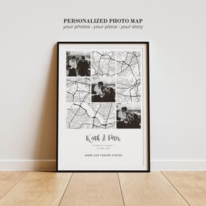 Puede incluir: Un póster personalizado enmarcado con una cuadrícula de tres fotos en blanco y negro intercaladas con segmentos de mapas de calles. El texto dice PERSONALIZED PHOTO MAP, Keith & Peter, coordenadas y WHERE OUR FOREVER STARTED.