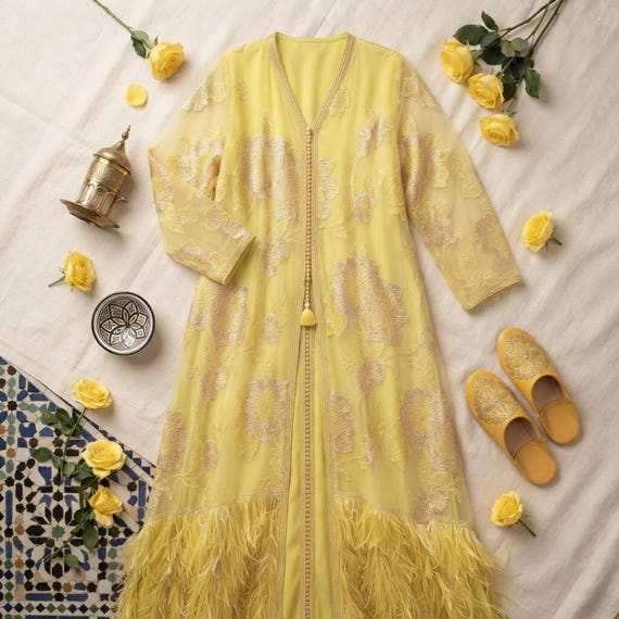 Caftan Solaire Jaune en Plumes et Fils d'Or — vue 20
