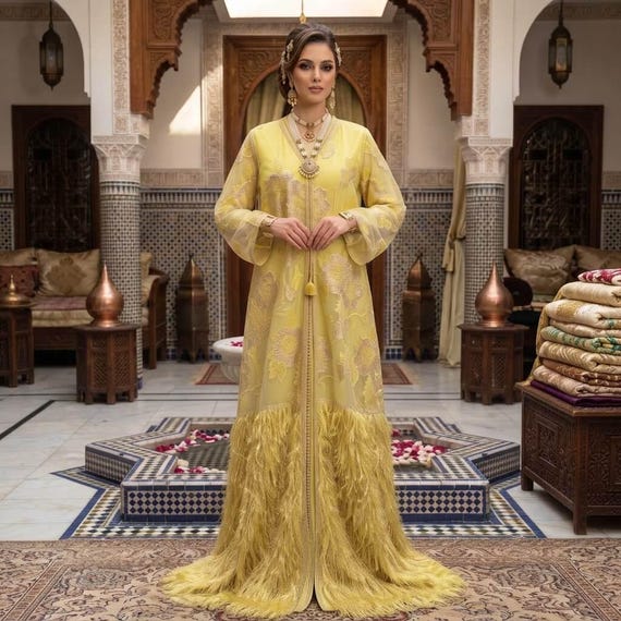 Caftan Solaire Jaune en Plumes et Fils d'Or — vue 15