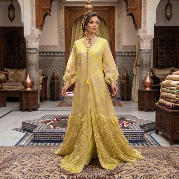 Caftan Solaire Jaune en Plumes et Fils d'Or — vue 18