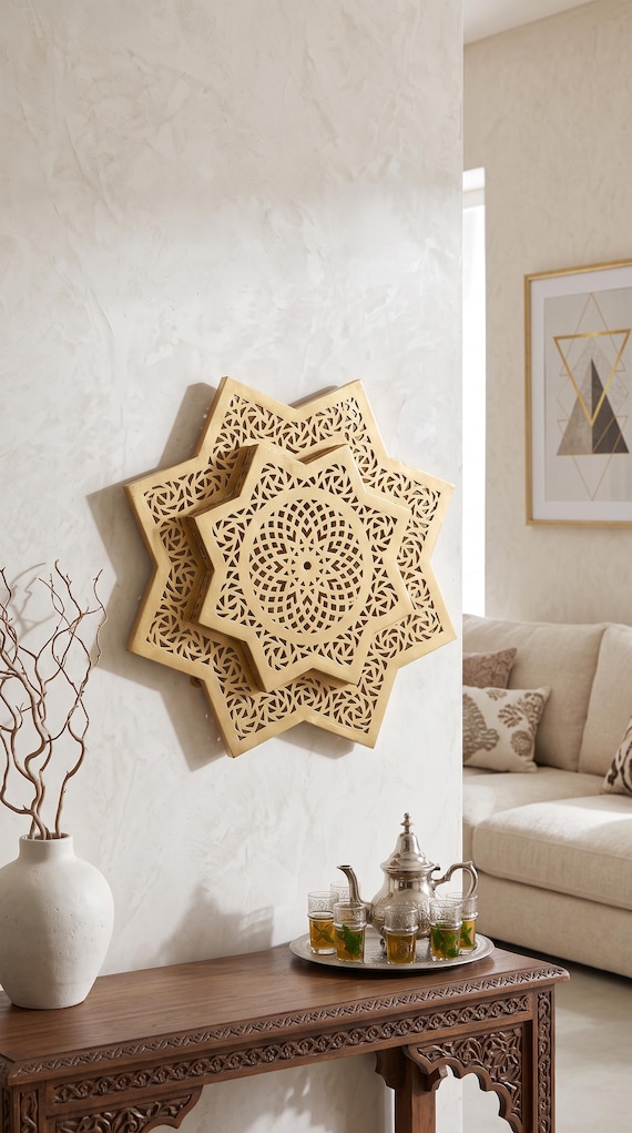 Applique Murale Laiton Massif Etoile Marocaine - Luminaire Artisanal Fait Main - Decoration Murale Luxe — vue 7