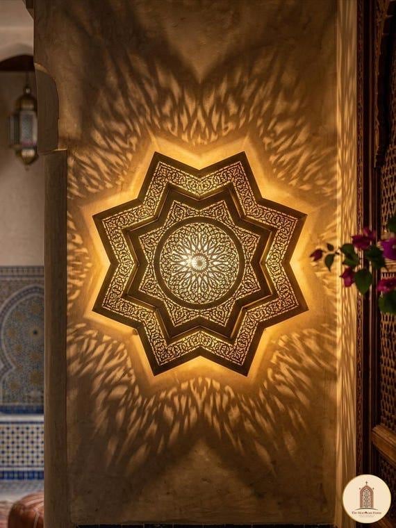 Applique Murale Laiton Massif Etoile Marocaine - Luminaire Artisanal Fait Main - Decoration Murale Luxe