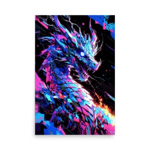 May include: A digital art print featuring a dragon composed of geometric shards in vibrant shades of neon blue, magenta, and purple against a black background. The creature is accented with binary code patterns and jagged lightning effects.