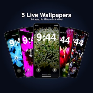 May include: Five smartphone screens displaying different floral live wallpapers with the text 5 Live Wallpapers Animated for iPhone & Android. Each screen shows a digital clock reading 9:44, date Sunday, May 25, and icons for camera and flashlight.