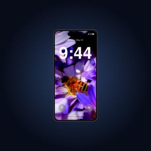 May include: A smartphone with a black frame displaying a lock screen with the time 9:44 and the date Sunday, May 25. The wallpaper features a detailed photograph of a honeybee resting on purple daisy-like flower petals with a dark background.