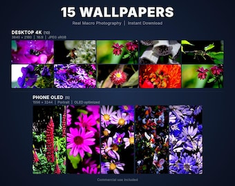 15 Botanical Wallpapers Bundle | 4K Desktop + Phone | Macro Flower Photography Digital Download