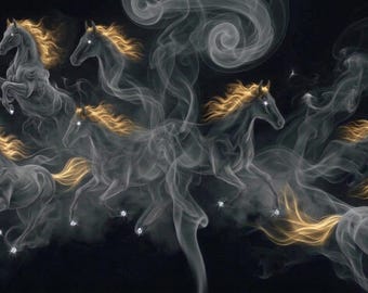 The Spirit of Liberty, Grace & Energy in Motion - Mystical Horses Smoke, Gold Mane Horse Print (Digital Download)