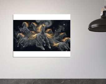 The Spirit of Liberty, Grace & Energy in Motion - Mystical Horse Smoke, Stars, Gold Mane Horse Print