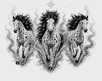 Lo spirito di libertà, grazia ed energia in movimento - Cavalli Appaloosa, fumo mistico, stelle, criniera nera, stampa di cavallo (download digitale)