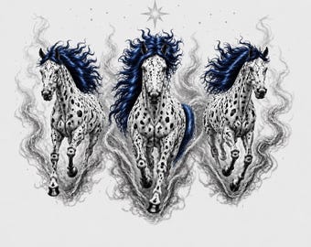 O Espírito da Liberdade, Graça e Energia em Movimento - Impressão Digital de Cavalo Appaloosa com Fumaça Mística, Estrelas e Crina Azul Escura