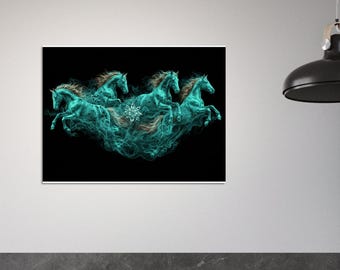 The Spirit of Liberty, Grace & Energy in Motion - Teal Horses Mystical Smoke,  Teal Mane Horse Print