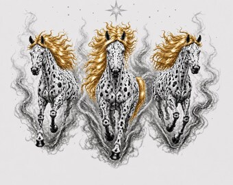 O Espírito da Liberdade, Graça e Energia em Movimento - Impressão Digital de Cavalo Appaloosa com Fumaça Mística, Estrelas e Crina Dourada
