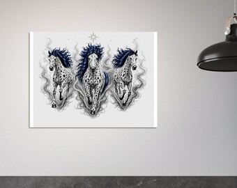 O Espírito da Liberdade, Graça e Energia em Movimento - Cavalos Appaloosa Fumaça Mística, Estrelas, Crina Azul Escura