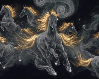 The Spirit of Liberty, Grace & Energy in Motion - Mystical Horse Smoke, Stars, Gold Mane Horse Print (Digital Download)