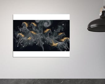 The Spirit of Liberty, Grace & Energy in Motion - Mystical Horses Smoke, Gold Mane Horse Print