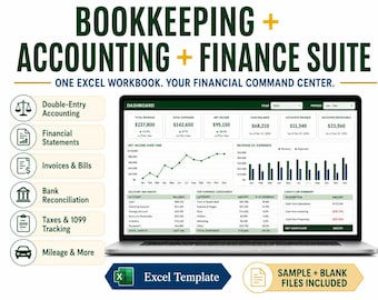 Bookkeeping Excel Template | Accounting Dashboard, PnL, Balance Sheet, Cash Flow & Tax Tracker