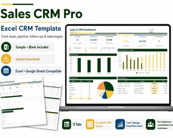 Sales CRM Excel Template, Pipeline Tracker, Lead Follow-Up Log (Digital Download)