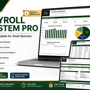 May include: A digital payroll system pro Excel template for small business displayed on a laptop and tablet screens. The interface features a payroll dashboard, key metrics, a pie chart, a payroll register, and a payslip with green and white accents.