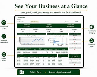 Small Business Inventory & Orders Tracker Excel Spreadsheet with Dashboard and Restock Alerts