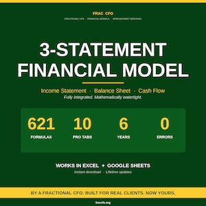 May include: A dark green digital graphic for a 3-Statement Financial Model by FRAC CFO. It features yellow text detailing 621 formulas, 10 pro tabs, 6 years, and 0 errors. It states it works in Excel and Google Sheets, with text at the bottom reading BY A FRACTIONAL CFO. BUILT FOR REAL CLIENTS. NOW YOURS.