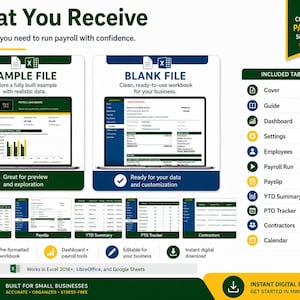May include: A digital payroll spreadsheet template for Excel, LibreOffice, and Google Sheets. It includes a sample file with data, a blank file for customization, and tabs for dashboard, employees, payroll run, payslip, YTD summary, and PTO tracker.