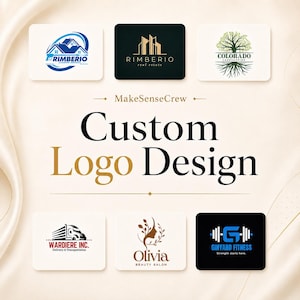 May include: A graphic display featuring the text MakeSenseCrew Custom Logo Design with six distinct business logos including Rimberio Cleaning Services, Rimberio Real Estate, Colorado Landscaping, Wardiere Inc., Olivia Beauty Salon, and Ginyard Fitness.