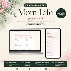 Puede incluir: Un planificador digital titulado Mom Life Organizer mostrado en la pantalla de una computadora portátil y un teléfono inteligente. La interfaz presenta un panel con pestañas para programación, comidas y comestibles. Texto: Instant Download.