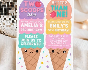 Joint Ice Cream Birthday Party Invitation For Twins Siblings, Two Scoops Are Better Than One Invite, Summer Ice Cream Party, Edit With Canva