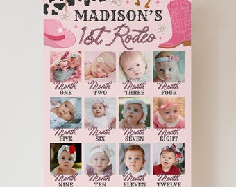 My First Rodeo Monthly Milestone Sign, Cowgirl 1st Birthday Photo Board Poster Template, Babys First Year Banner Printable, Edit With Canva