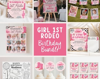 Girl First Rodeo Birthday Bundle, 1st Rodeo Birthday Invitation, Western Disco Cowgirl Welcome Sign, Food Tent Cards, Edit With Canva