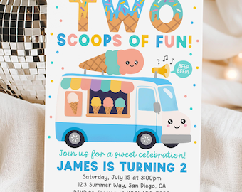Ice Cream Truck Invitation, Two Scoops Of Fun 2nd Birthday Invite, Boy Summer Ice Cream Party, Edit With Canva