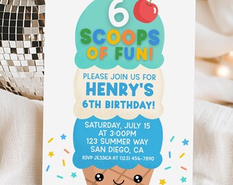 Ice Cream Invitation, Six Scoops Of Fun 6th Birthday Invite, Summer Ice Cream Party, Ice Cream Social, Edit With Canva