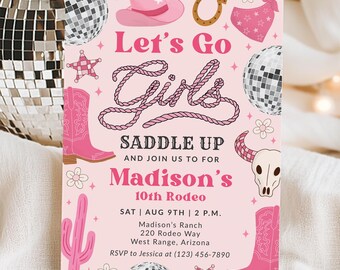 Let's Go Girls Birthday Invitation Template, Space Cowgirl Party Invite, Groovy Disco Rodeo Evite, Edit With Canva
