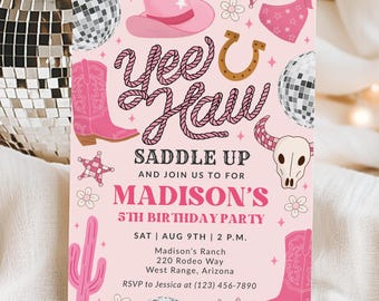 Space Cowgirl Birthday Invitation With Photo, Groovy Cowgirl Rodeo Invite, Retro Nashville Yeehaw Disco Party Evite, Edit With Canva