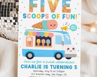Ice Cream Truck Ice Cream Invitation, Five Scoops Of Fun 5th Birthday Invite, Boy Summer Ice Cream Party, Edit With Canva