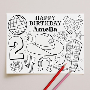 May include: A black and white coloring page with cowboy-themed illustrations, including a hat, boots, and stars. The text "HAPPY BIRTHDAY Amelia" is at the top. Two colored pencils are at the bottom.