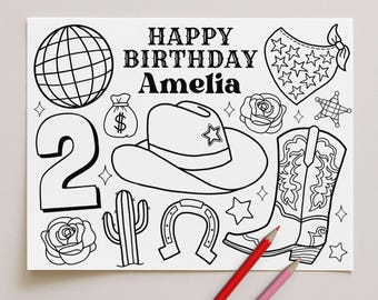 Cowgirl 2nd Birthday Party Placemat, Two Dozen Roses Coloring Page Activity Template, Retro Western Rodeo Decor, Edit With Canva