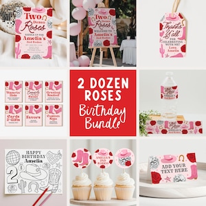 May include: A selection of party decorations with a Western theme. Includes a sign, cupcake toppers, water bottle labels, and a thank you tag. The design features pink cowboy boots, hats, and roses. The text reads "Two Dozen Roses" and "Amelia's 2nd Rodeo".
